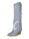 WETKISS  Denim Pointed Cowboy Boots For Women Stitch Knee High Cowgirl Western Chunky Heel And Side Zippers