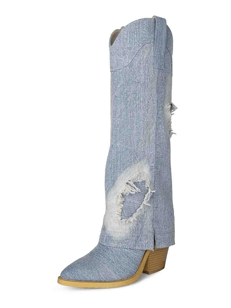 WETKISS  Denim Pointed Cowboy Boots For Women Stitch Knee High Cowgirl Western Chunky Heel And Side Zippers