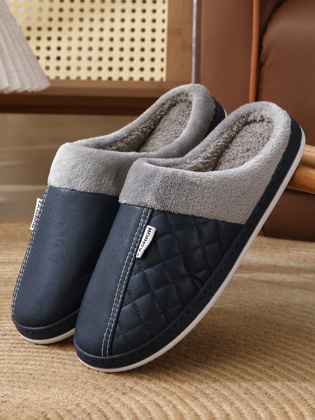 Winter PU Leather Home Slippers For Women & Couples, Waterproof & Warm Anti-Slip Indoor & Outdoor Thick-Soled Men's House Slippers