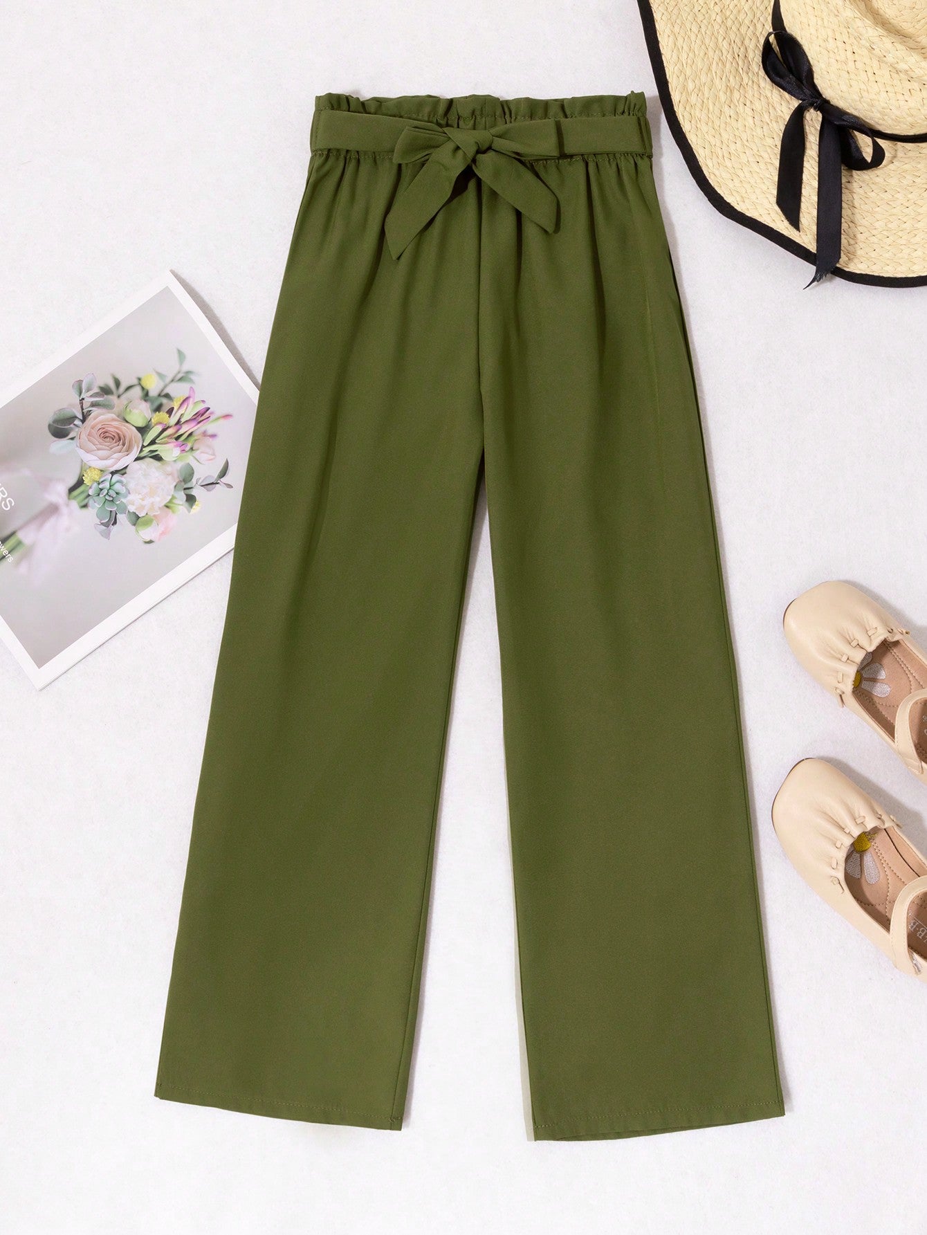 Tween Girl Fashionable All-Match Light Brown Straight Leg Pants With Bow Waist Belt, Suitable For All Seasons And Daily Wear