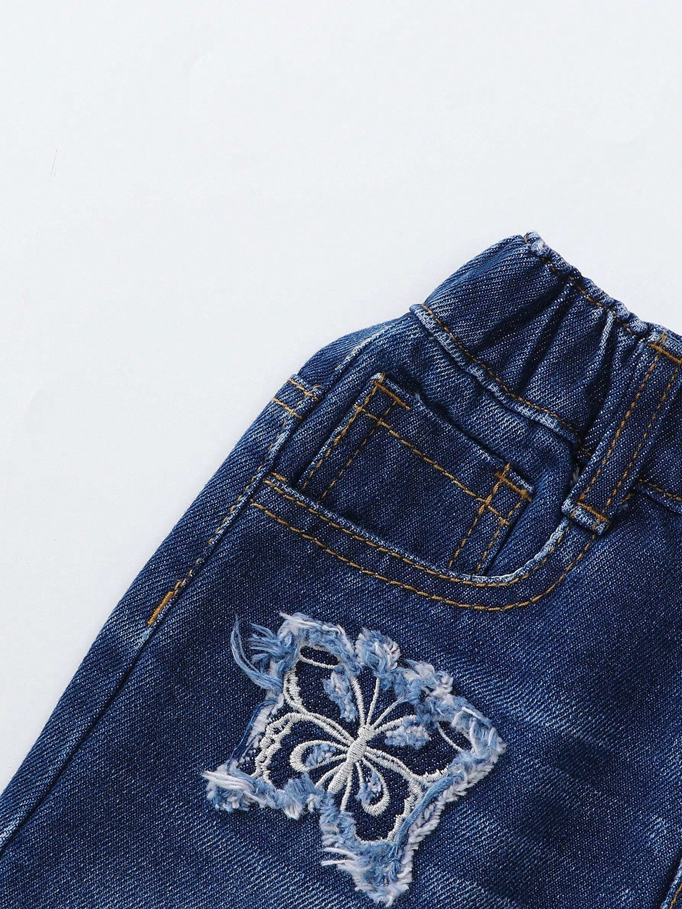 YOUNG GIRL Y2K Sweet And Cool Butterfly Embroidery Patch Flat Pocket Elastic Waist Dark Wash Denim Skirt