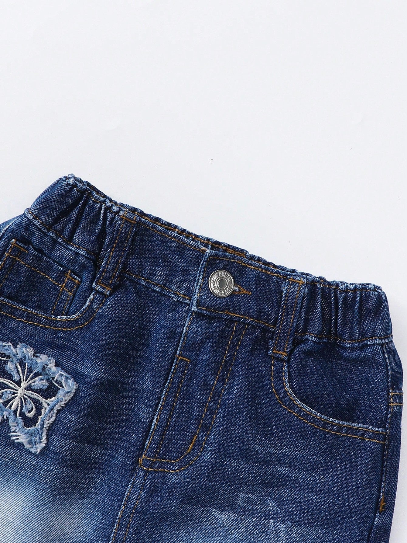 YOUNG GIRL Y2K Sweet And Cool Butterfly Embroidery Patch Flat Pocket Elastic Waist Dark Wash Denim Skirt