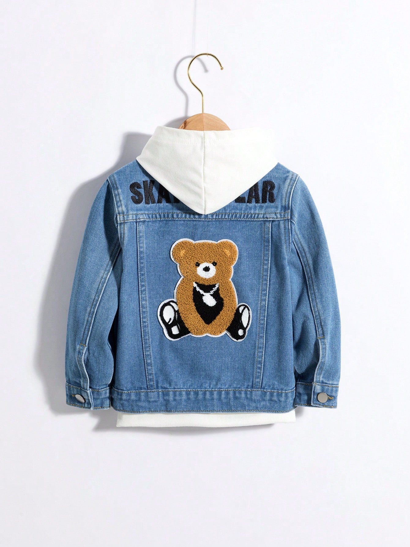 Young Boy Bear Patched Denim Jacket Without Hoodie