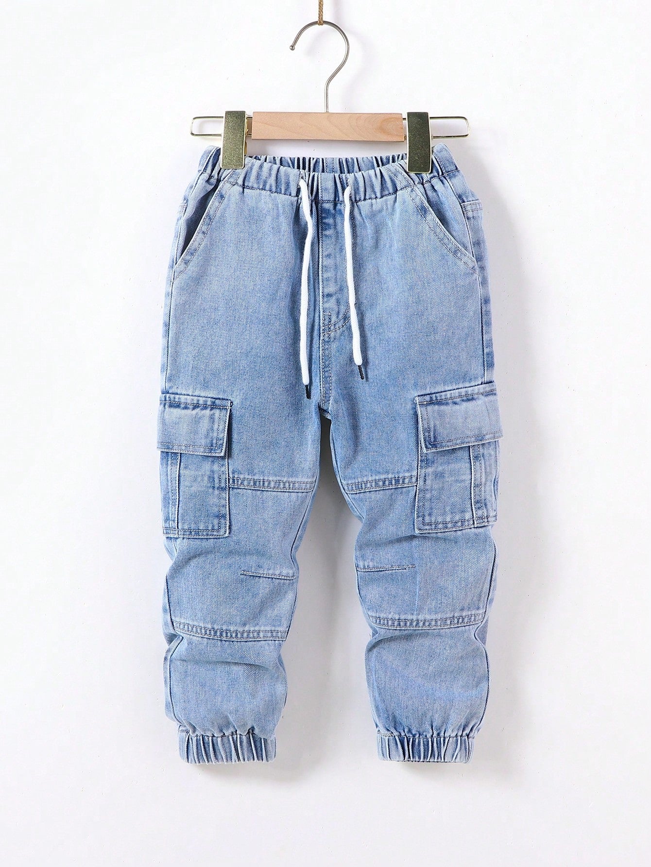 Young Boy Vintage Casual Street Style Loose Comfortable Elastic Waist Drawstring Cuff Denim Cargo Pants