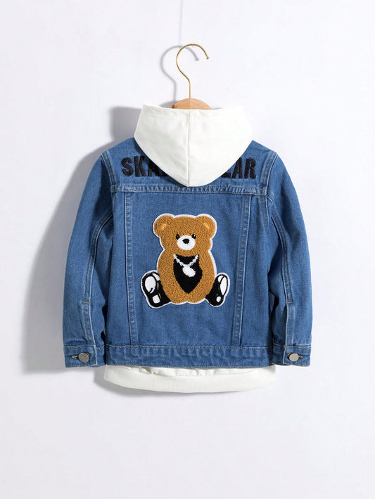 Young Boy Street Style Acid Wash Loose Fit Comfortable Denim Biker Jacket Featuring Basketball Bear Towel Embroidered Patch