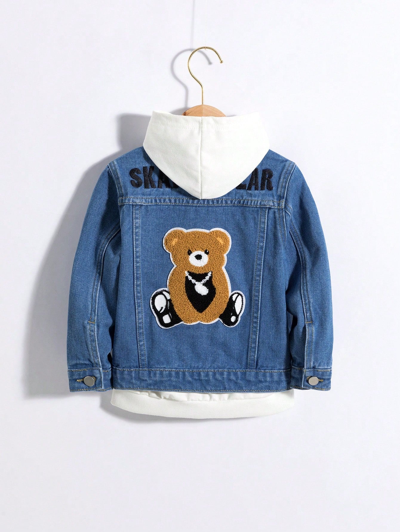 Young Boy Bear Patched Denim Jacket Without Hoodie