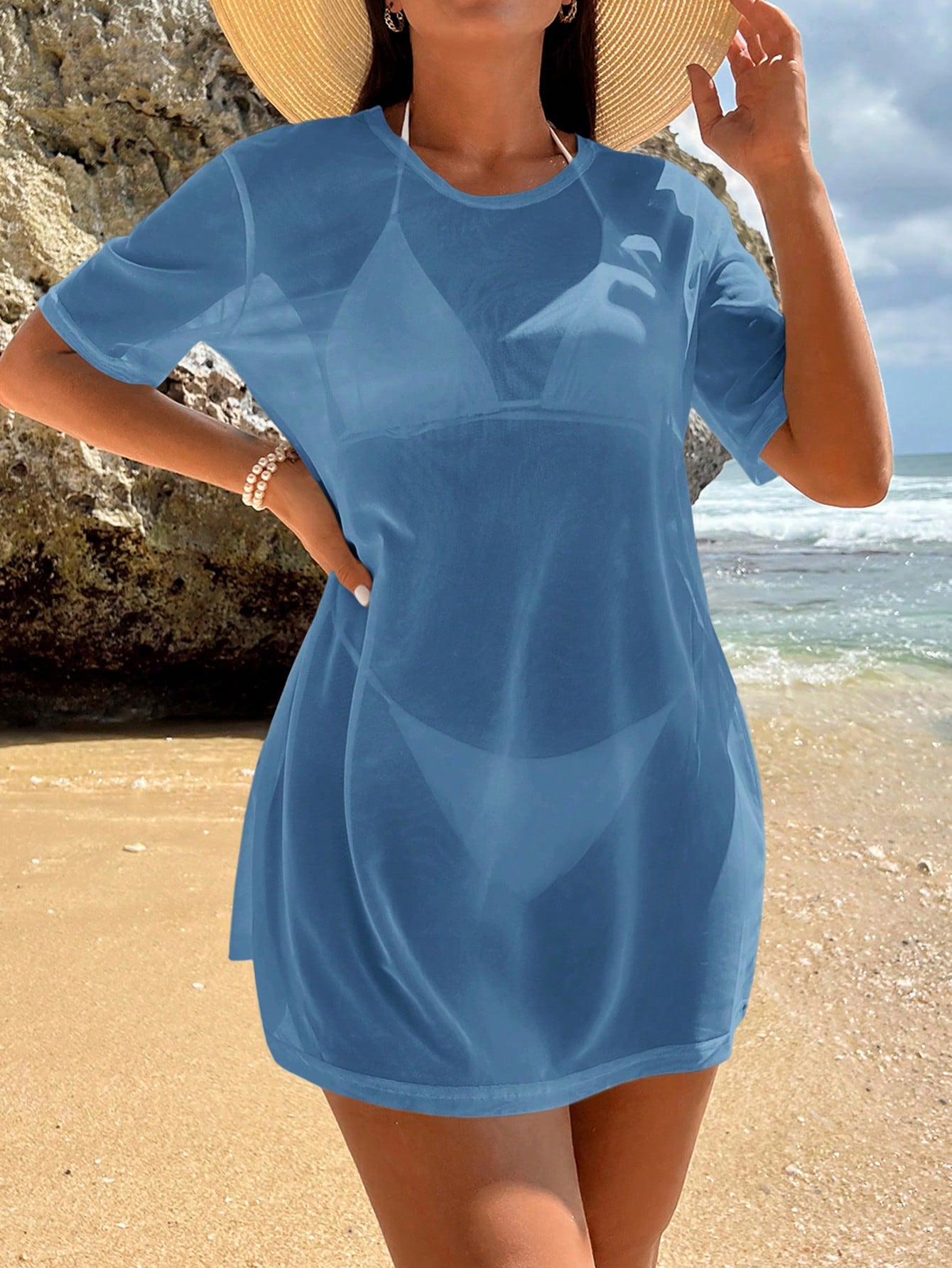 Swim Summer Beach Solid Sheer Mesh Cover Up Dress