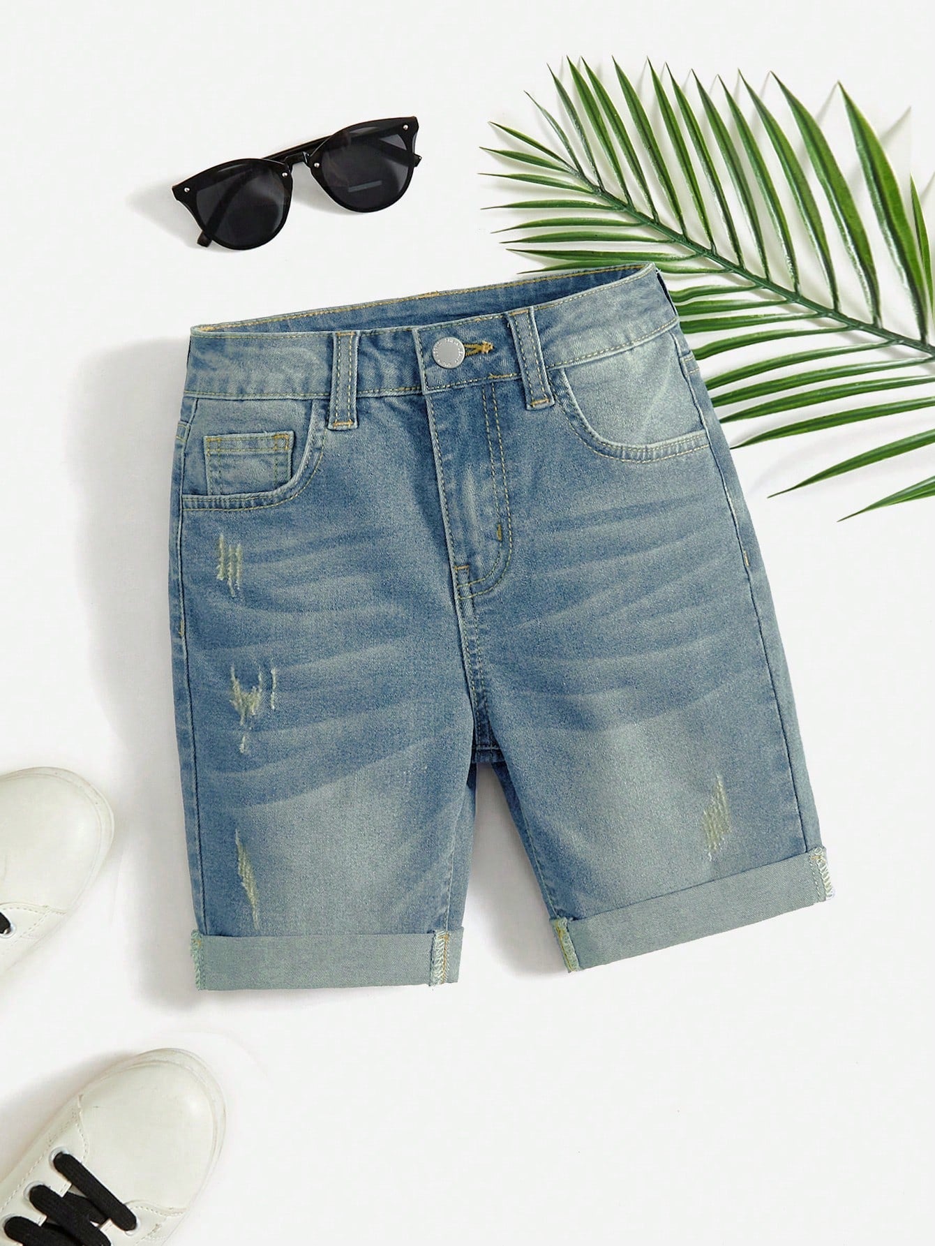 Tween Boy Summer Casual Cat Whisker Detail Rolled Hem Denim Shorts