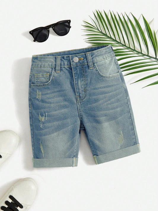 Tween Boy Summer Casual Cat Whisker Detail Rolled Hem Denim Shorts