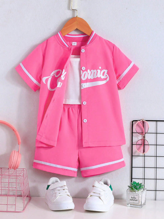 Young Girl 3pcs White Camisole & Pink English Print Short-Sleeved Shirt & Pink Shorts Set