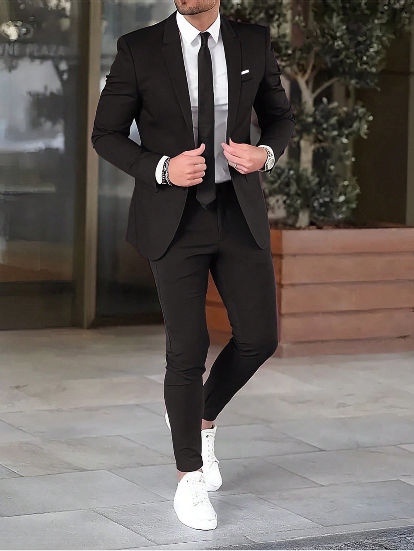 Men's Solid Color Single Button Long Sleeve Suit Jacket And Pants Suit Set