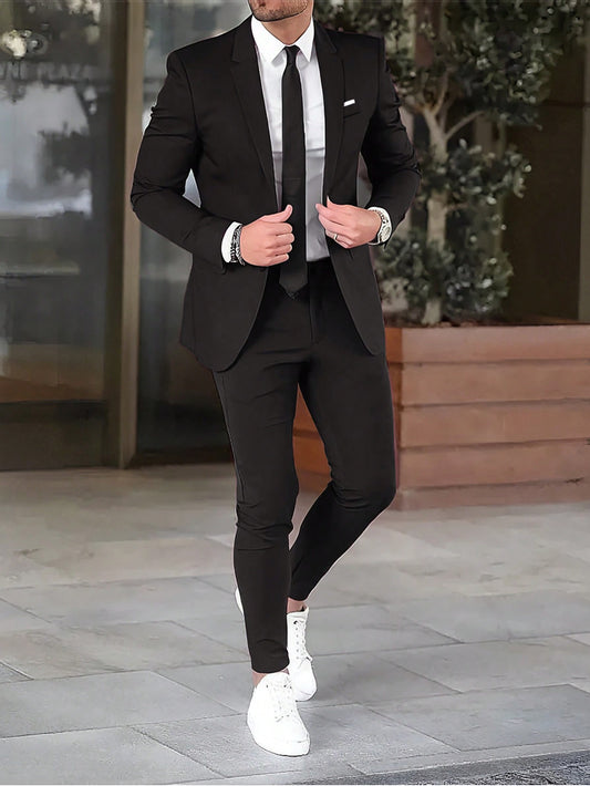 Men's Single Button Work Wear Long Sleeve Suit Jacket And Trousers Set