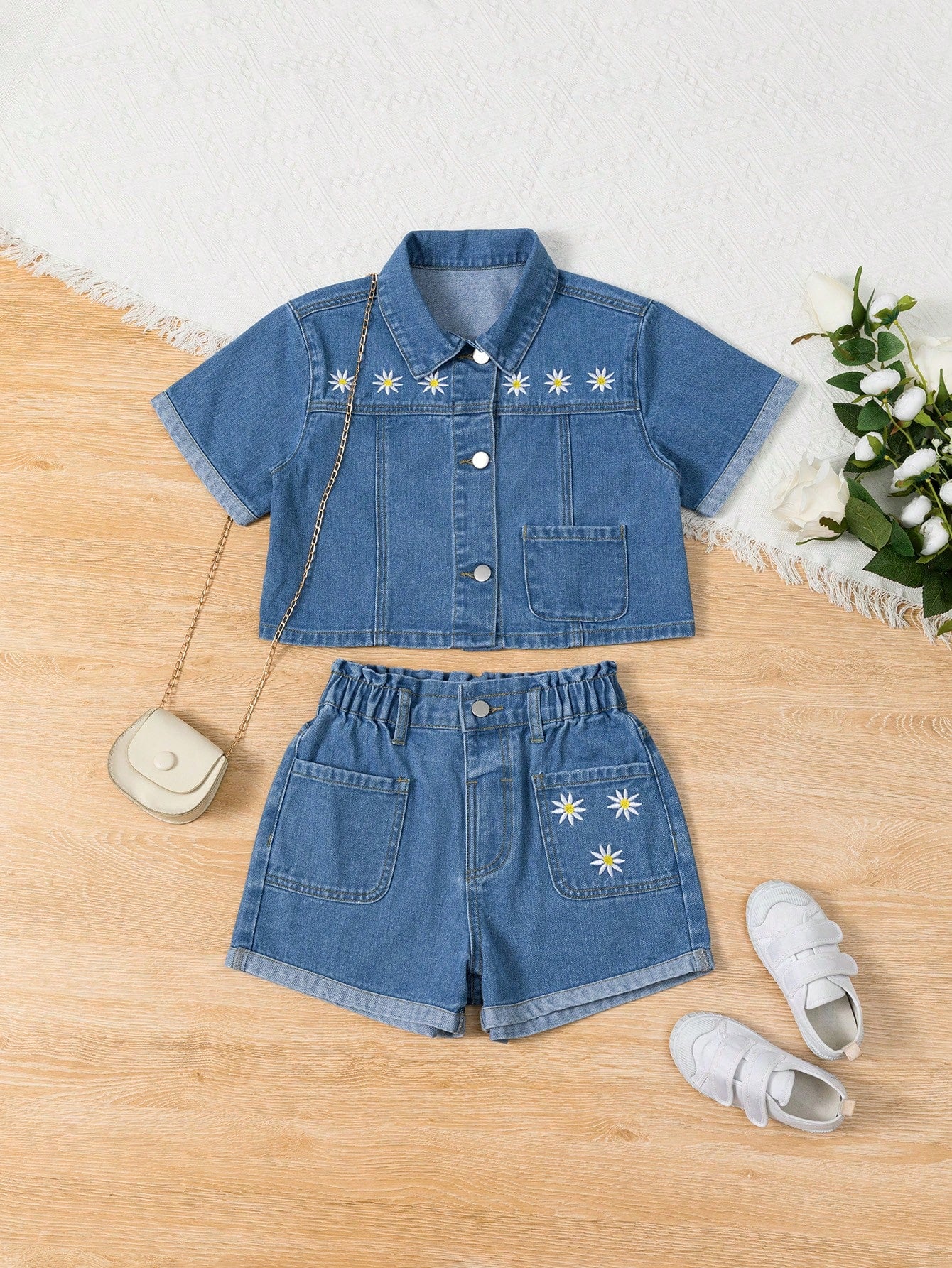 Tween Girl Medium Wash Blue Denim Embroidery Short Sleeve Shirt And Shorts Set