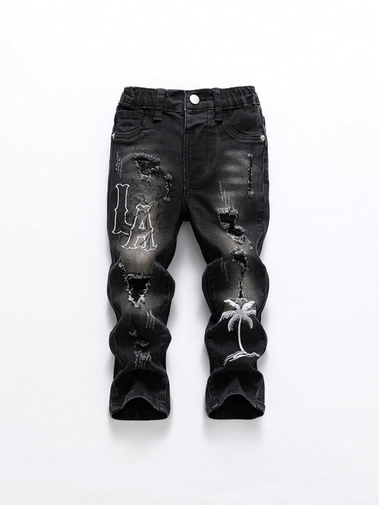 Young Boy Black Letter Embroidered Ripped Jeans