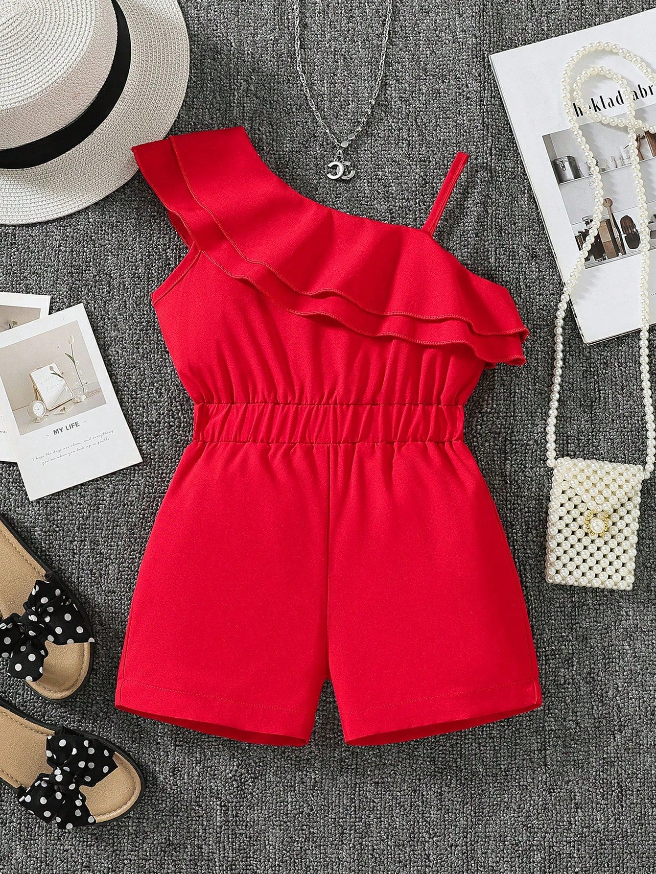 Young Girl Ruffle Trim Asymmetrical Neck Romper