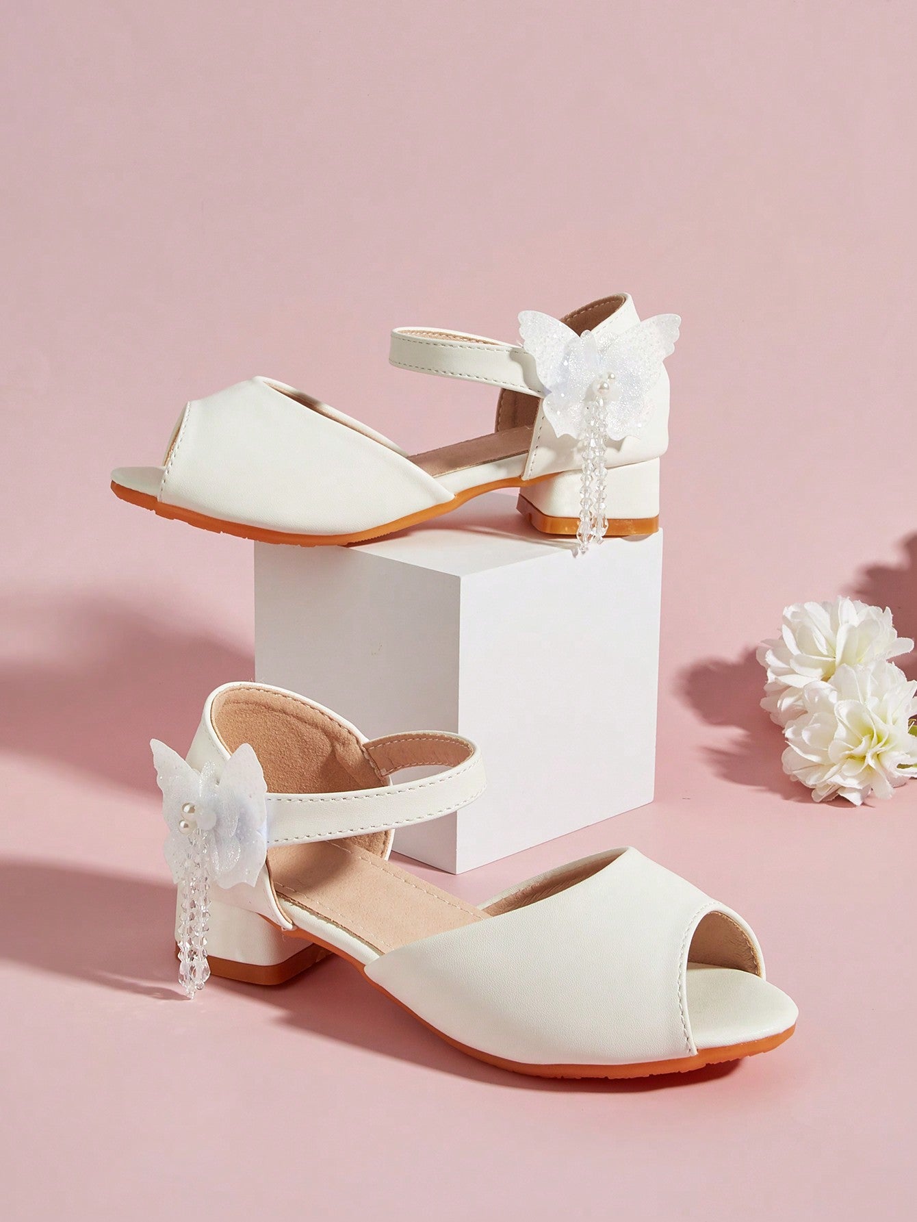 Teen Girls' Comfortable PU Material Chunky Heel Butterfly & Flower Sandals, 1 Pair Suitable For Spring, Summer And Autumn