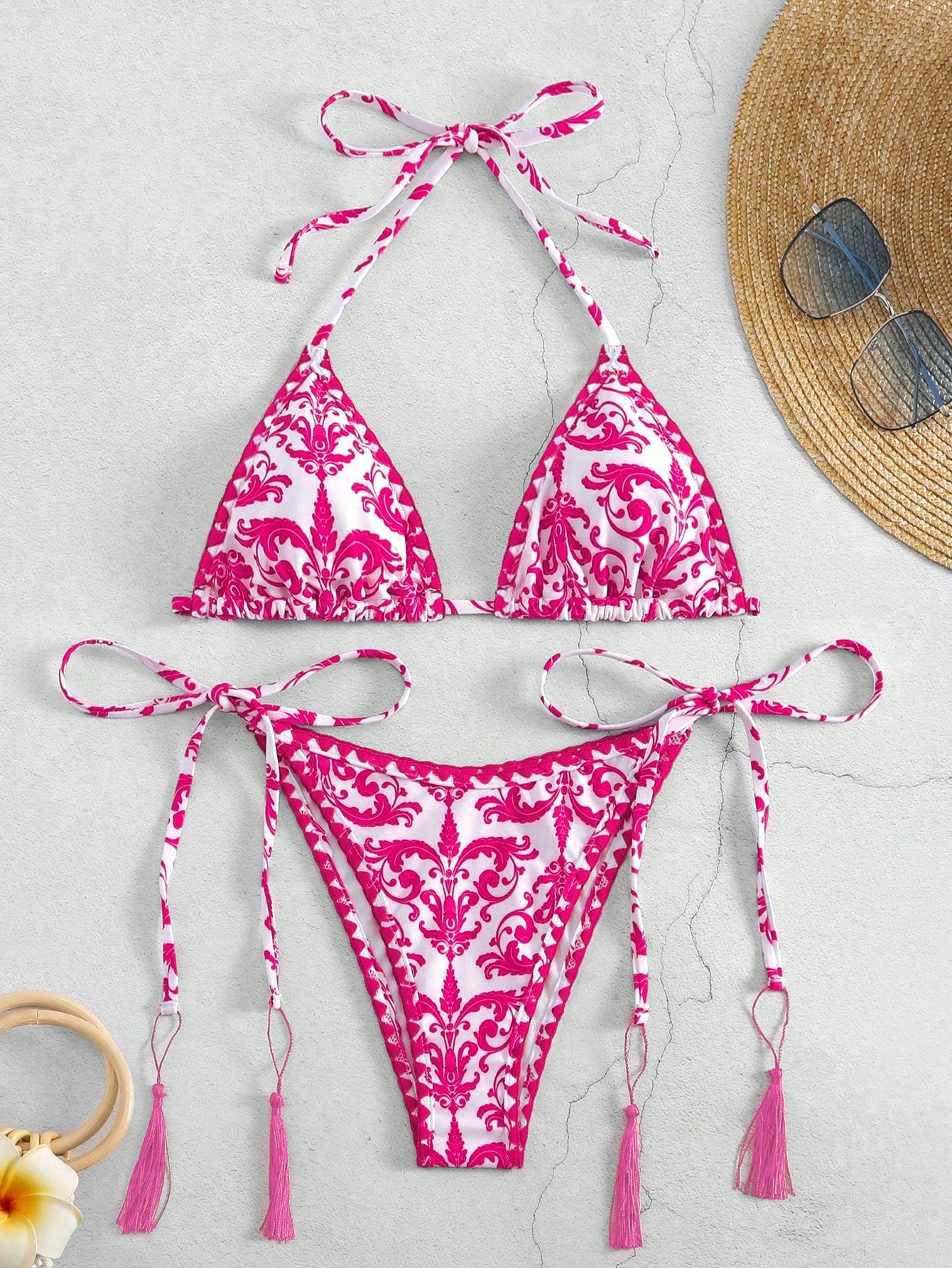 Swim Printed Halter Neck Bikini Two Piece Swimsuits Set, String Beach Outfit Bathing Suit Summer,Summer Beach