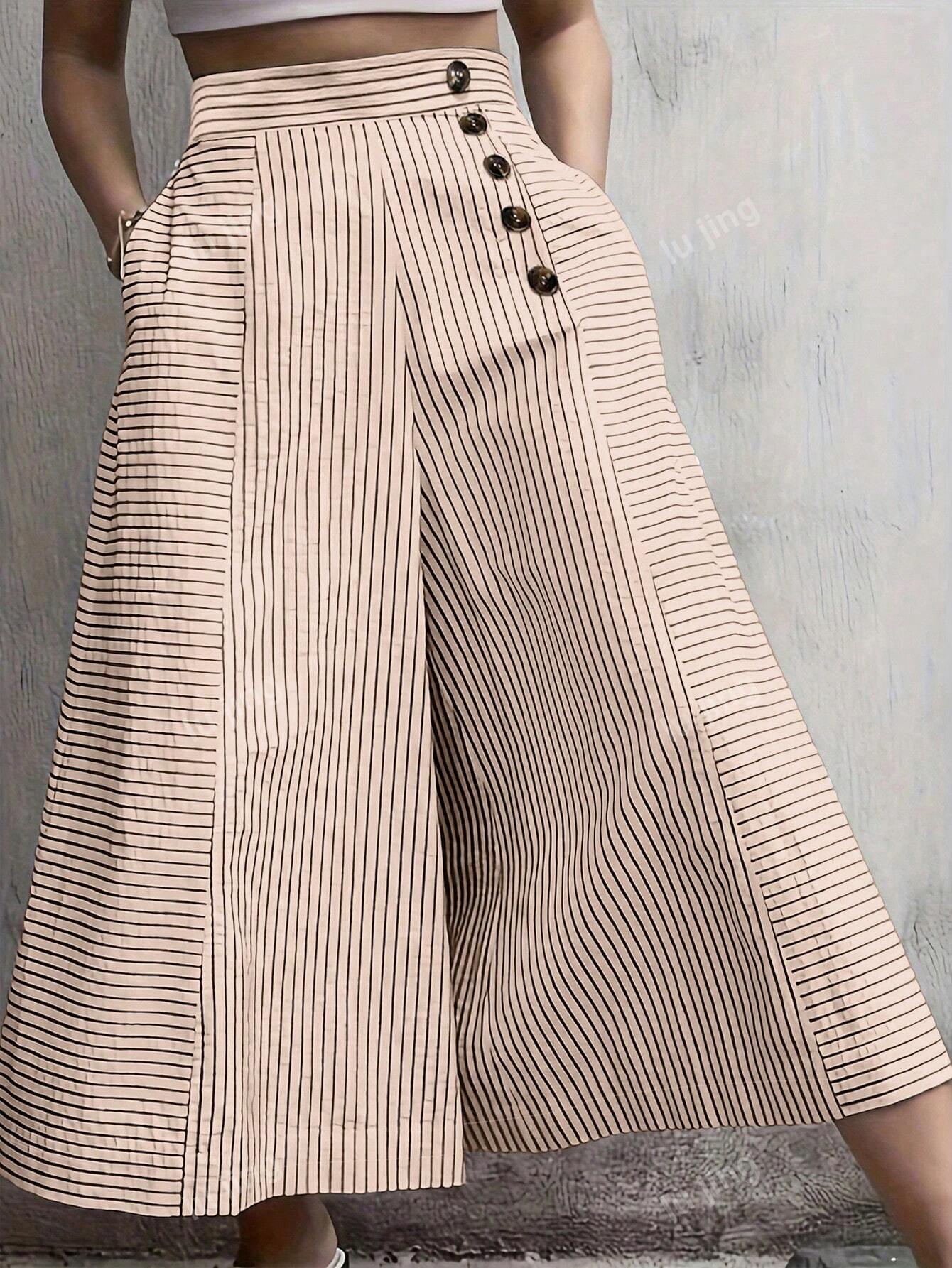 Women Striped Printed Wide Leg Pants, Suitable For Spring And Summer