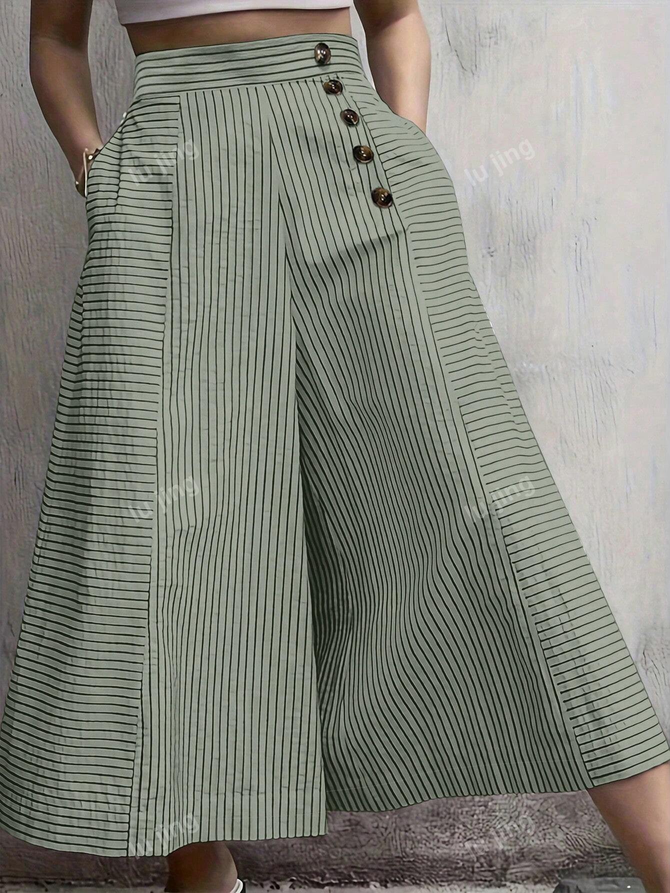 Women Striped Printed Wide Leg Pants, Suitable For Spring And Summer