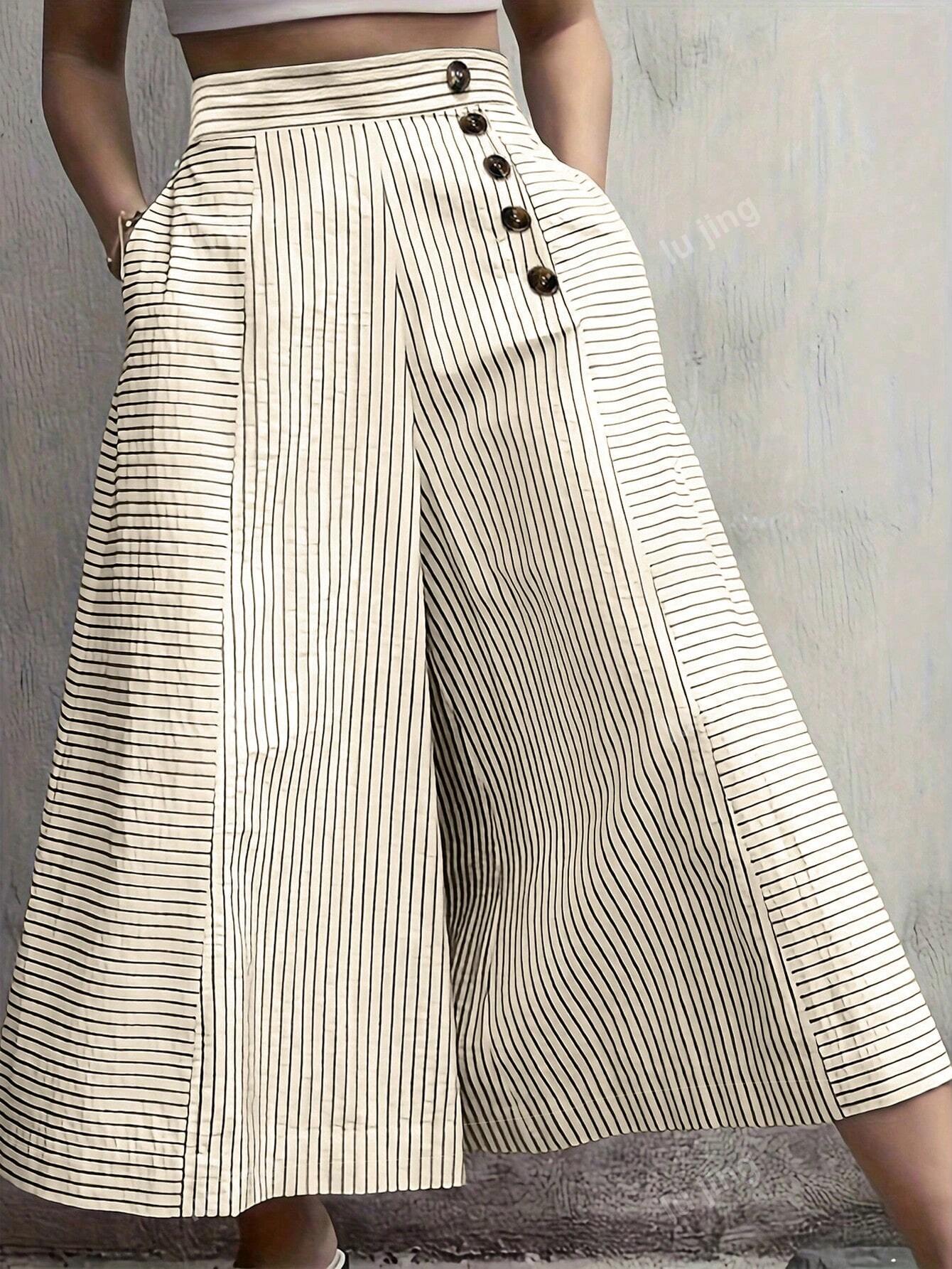 Women Striped Printed Wide Leg Pants, Suitable For Spring And Summer