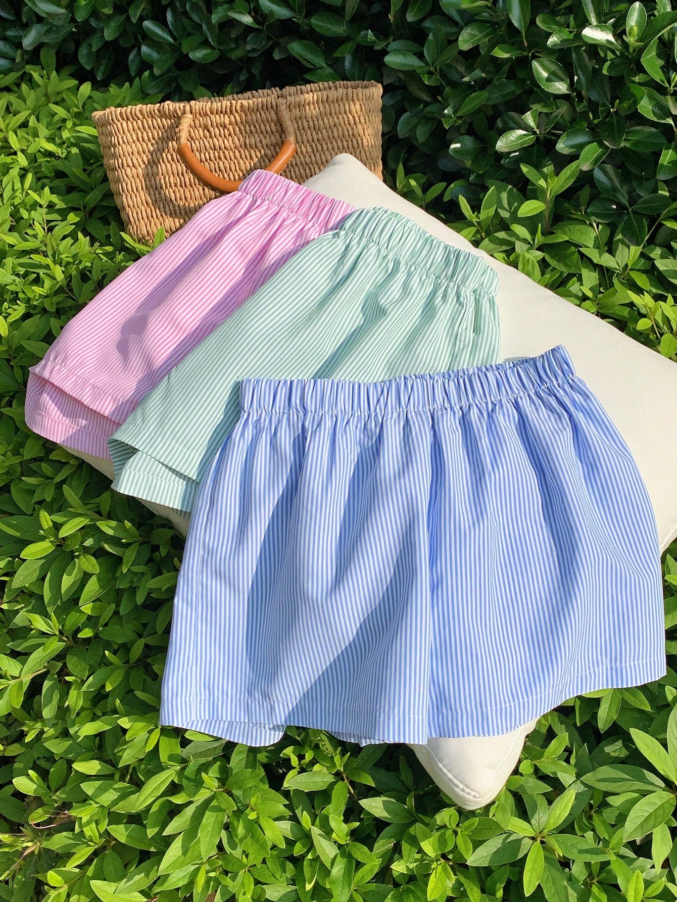 Set Of 3 Teen Girls' Casual Street Style Woven Stripe Straight Shorts