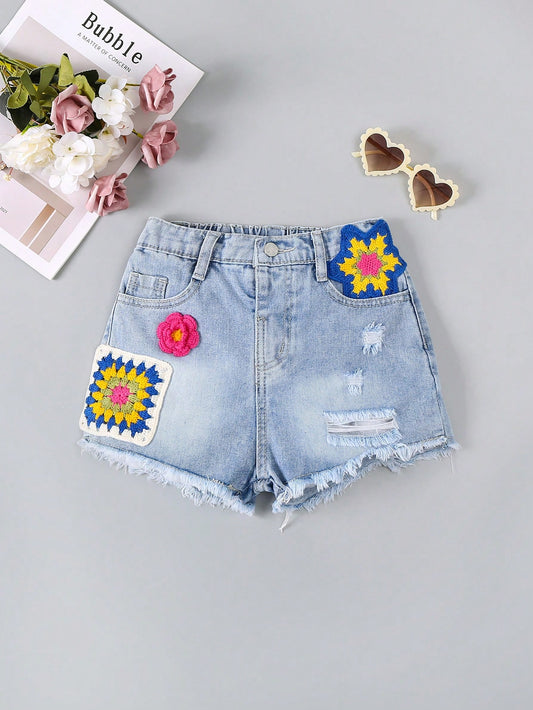 Casual Vacation Crochet & Flower Pattern Distressed Light Blue Denim Shorts For Tween Girl