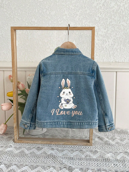 YOUNG GIRL Casual Cute Rabbit Printed Light Blue Washed Denim Jacket For Daily Wear