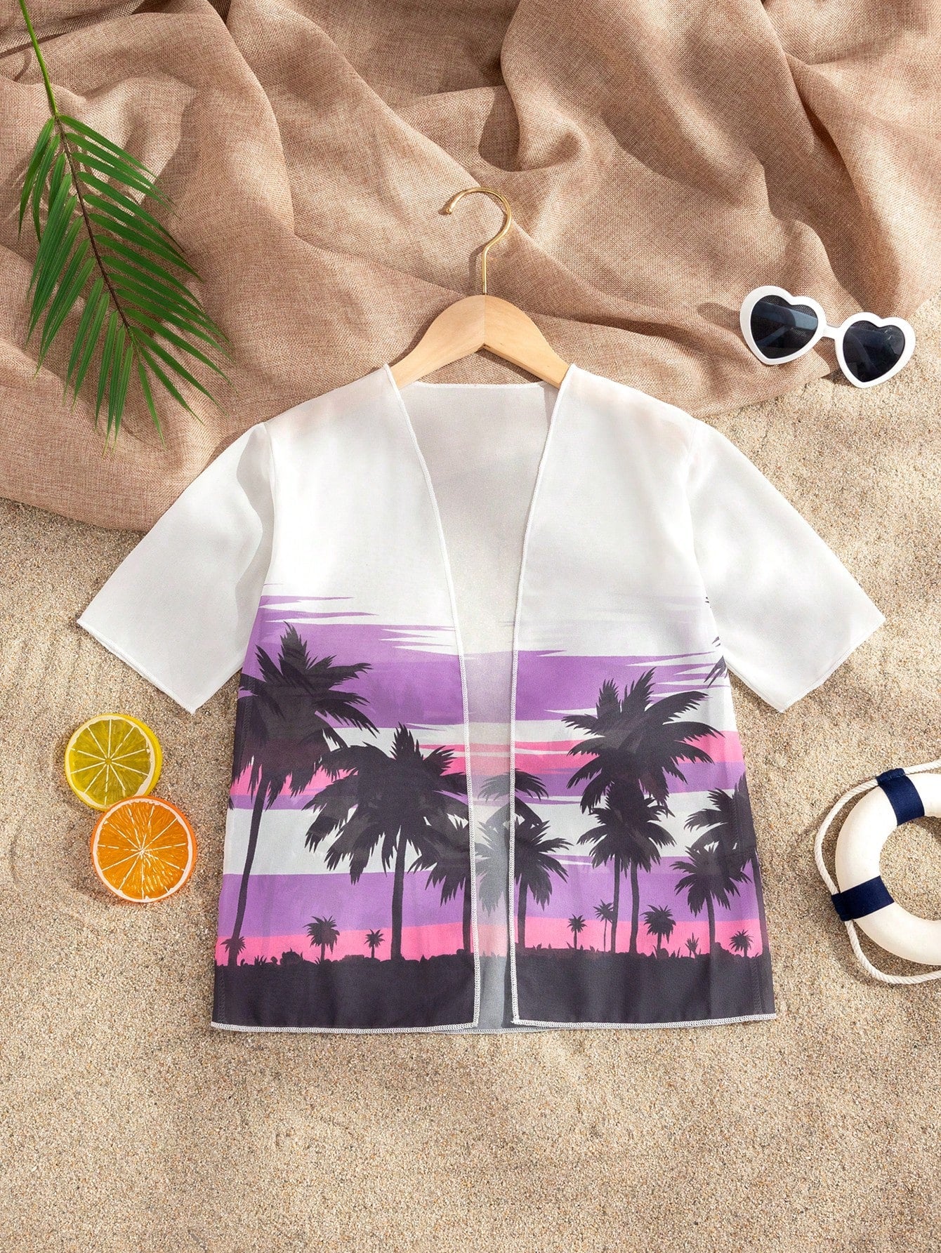 Young Girl Palm Tree Printed Summer Short Sleeve Kimono