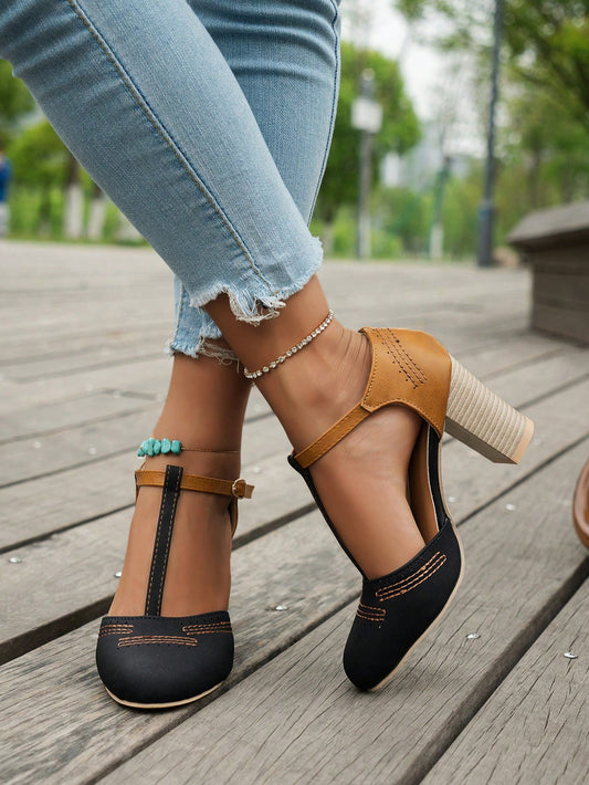 Black Hollow High-Heeled Sandals With Ankle Strap, Chunky Heels, Retro Color Block High Heels