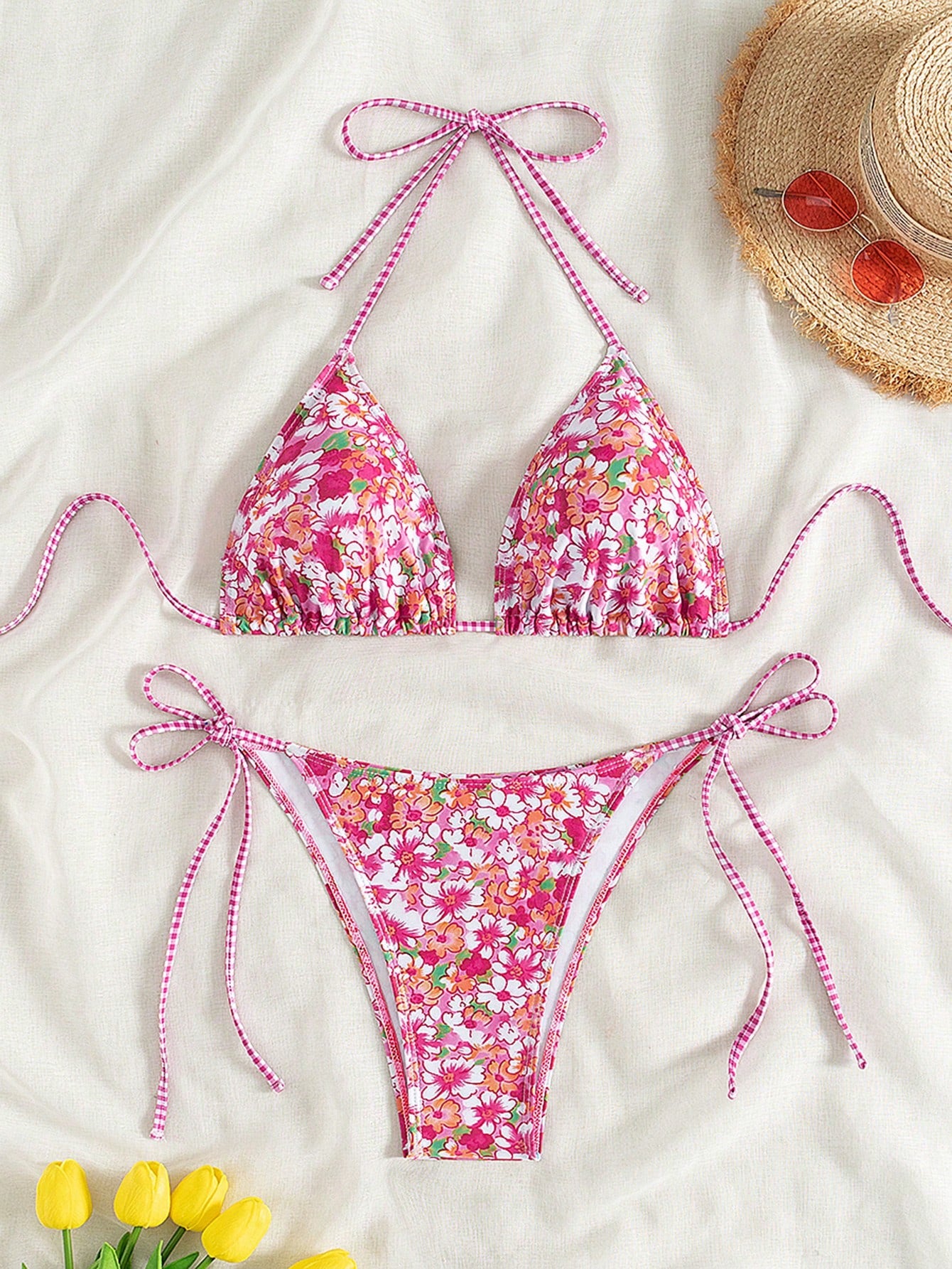 Swim Summer Beach Women's Floral Print Neck-Tie Halter Bikini Set With Random Flower Print For Vacation