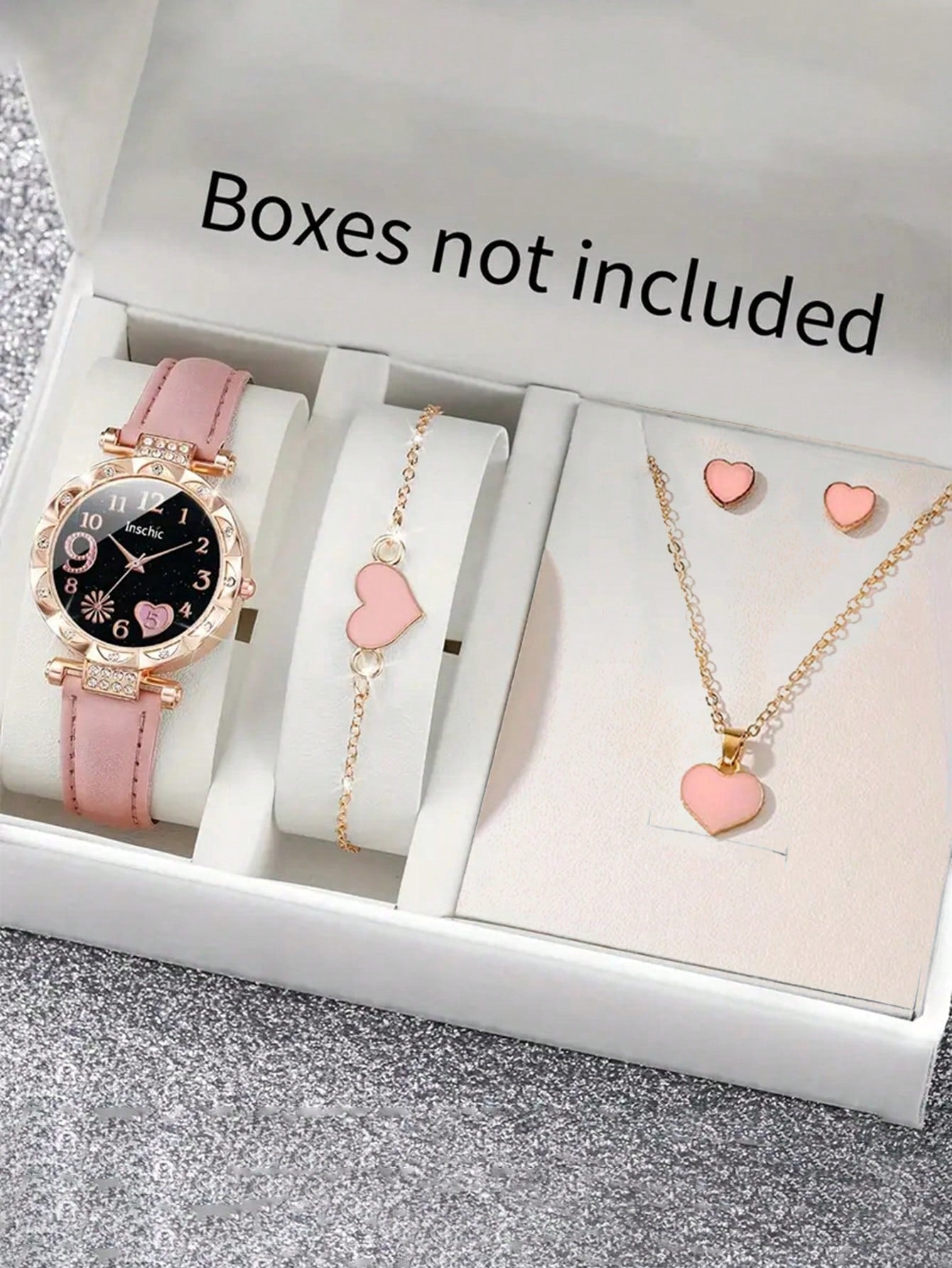 5pcs/Set Fashion Trend Children's Love Rhinestone Watch Bracelet Necklace Earrings Jewelry Set Graduation Gift Back To School