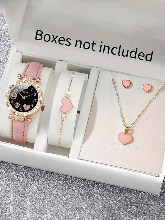 5pcs/Set Fashion Trend Children's Love Rhinestone Watch Bracelet Necklace Earrings Jewelry Set Graduation Gift Back To School