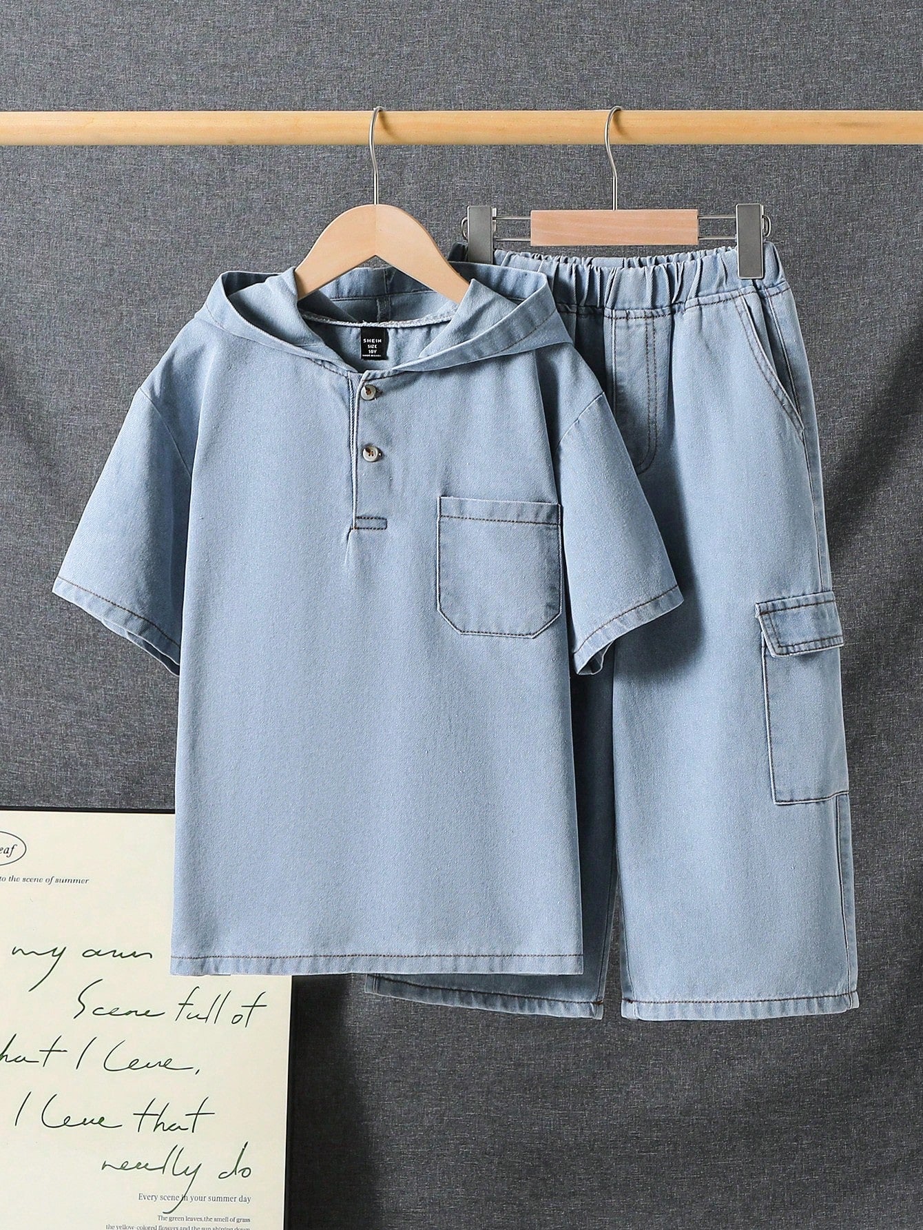 Tween Boy Solid Color Hooded Summer Casual Denim Short Sleeve Top And Shorts Set