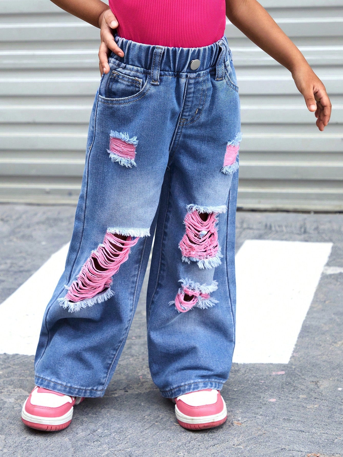 YOUNG GIRL Y2K Street Style Color-Blocking Cotton Candy Colored Ripped Loose Wide Leg Jeans