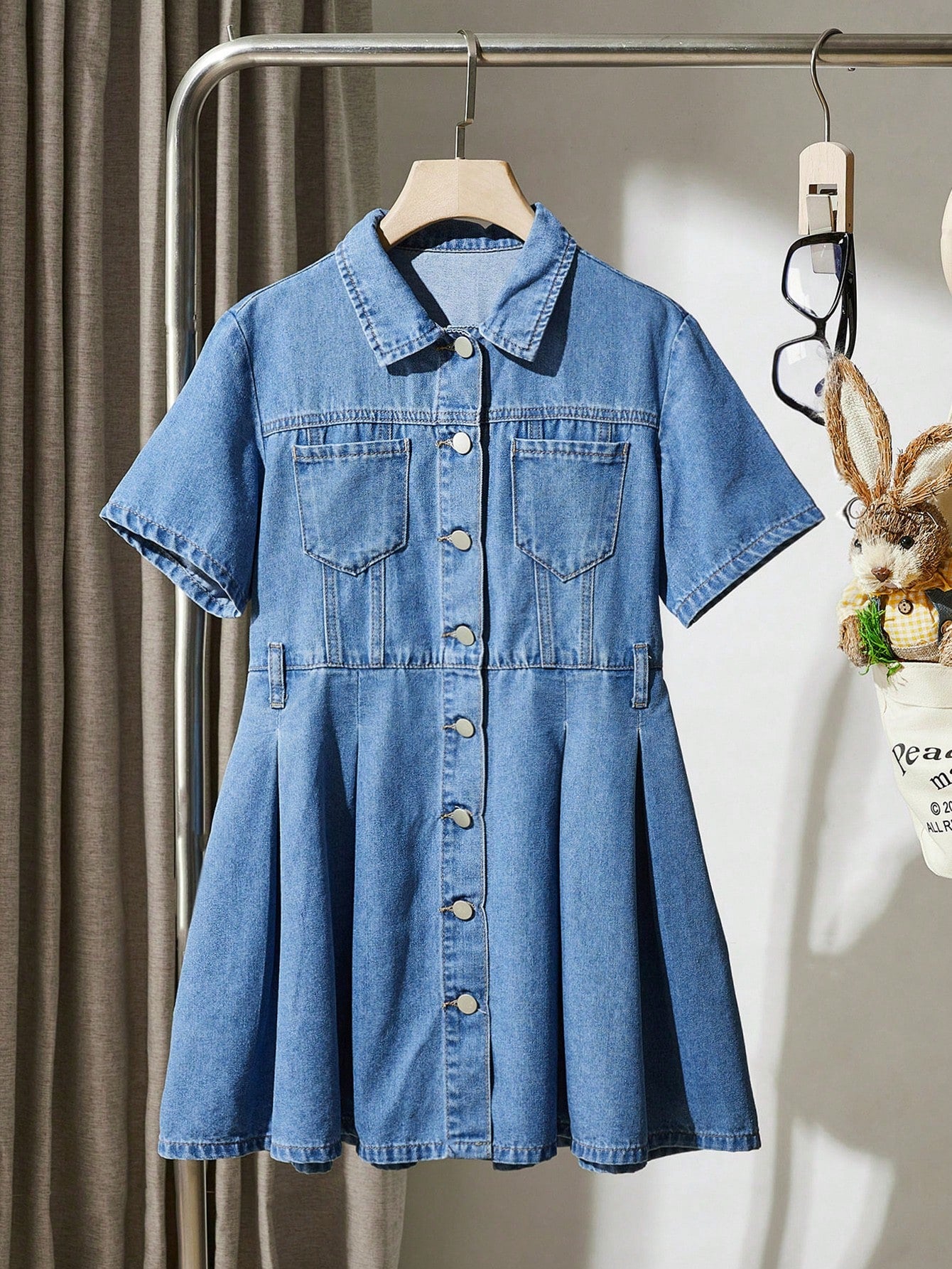 Tween Girl Preppy Street Blue Wash Button Front Pleated Denim Dress