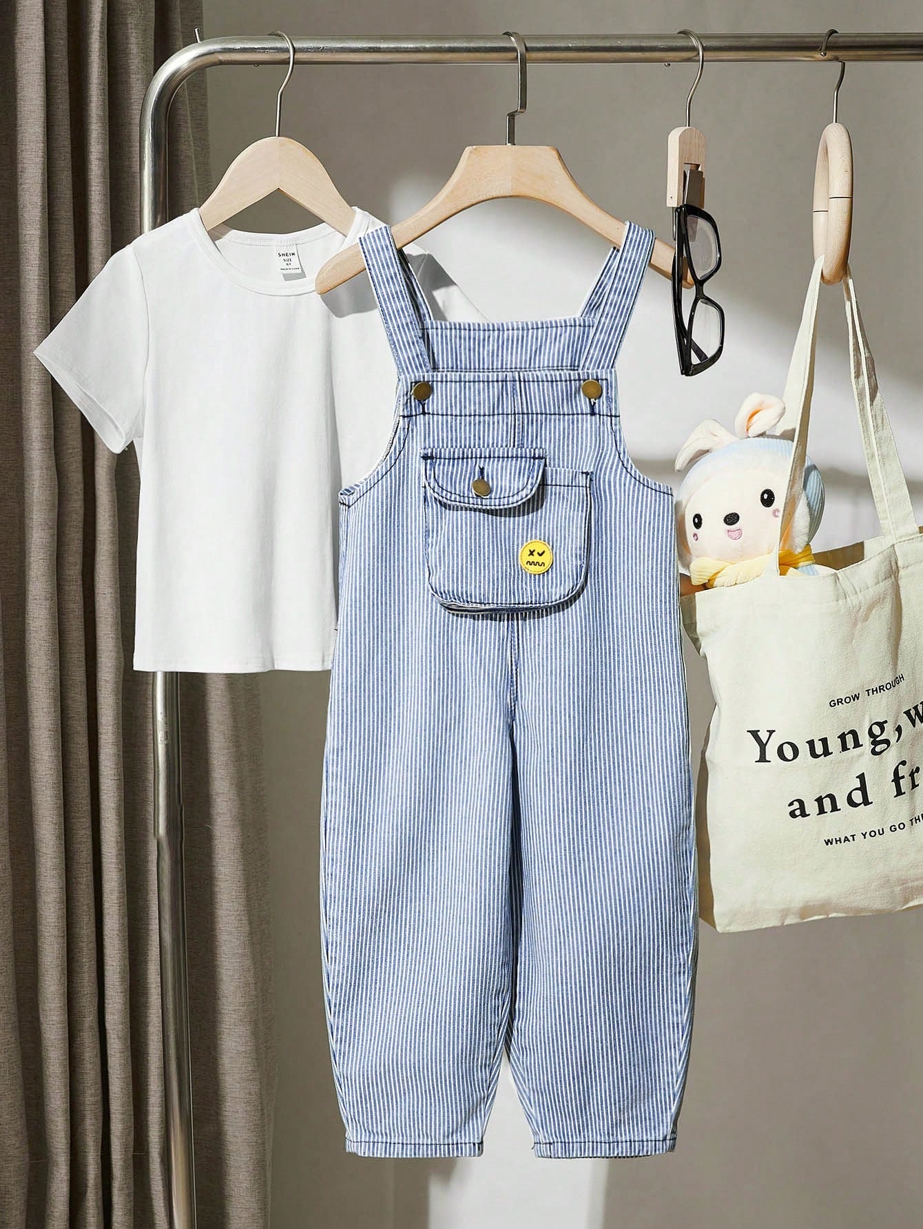 Streecool Kids YOUNG BOY All-Match Casual And Versatile Striped Denim Overalls, Campus Style With Embellishments And Adjustable Straps