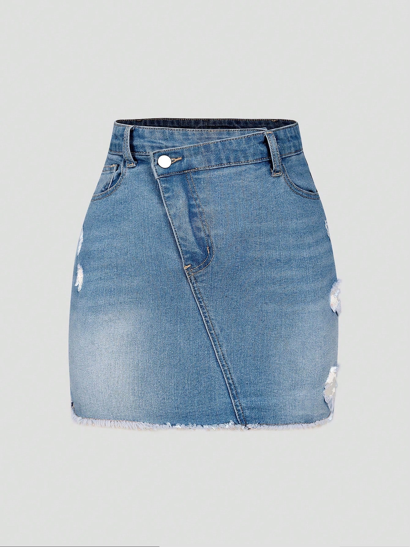 TWEEN GIRL All-Match Casual Daily Wear Mid-Blue Washed Adjustable Waist Ripped Stretch Denim Skirt