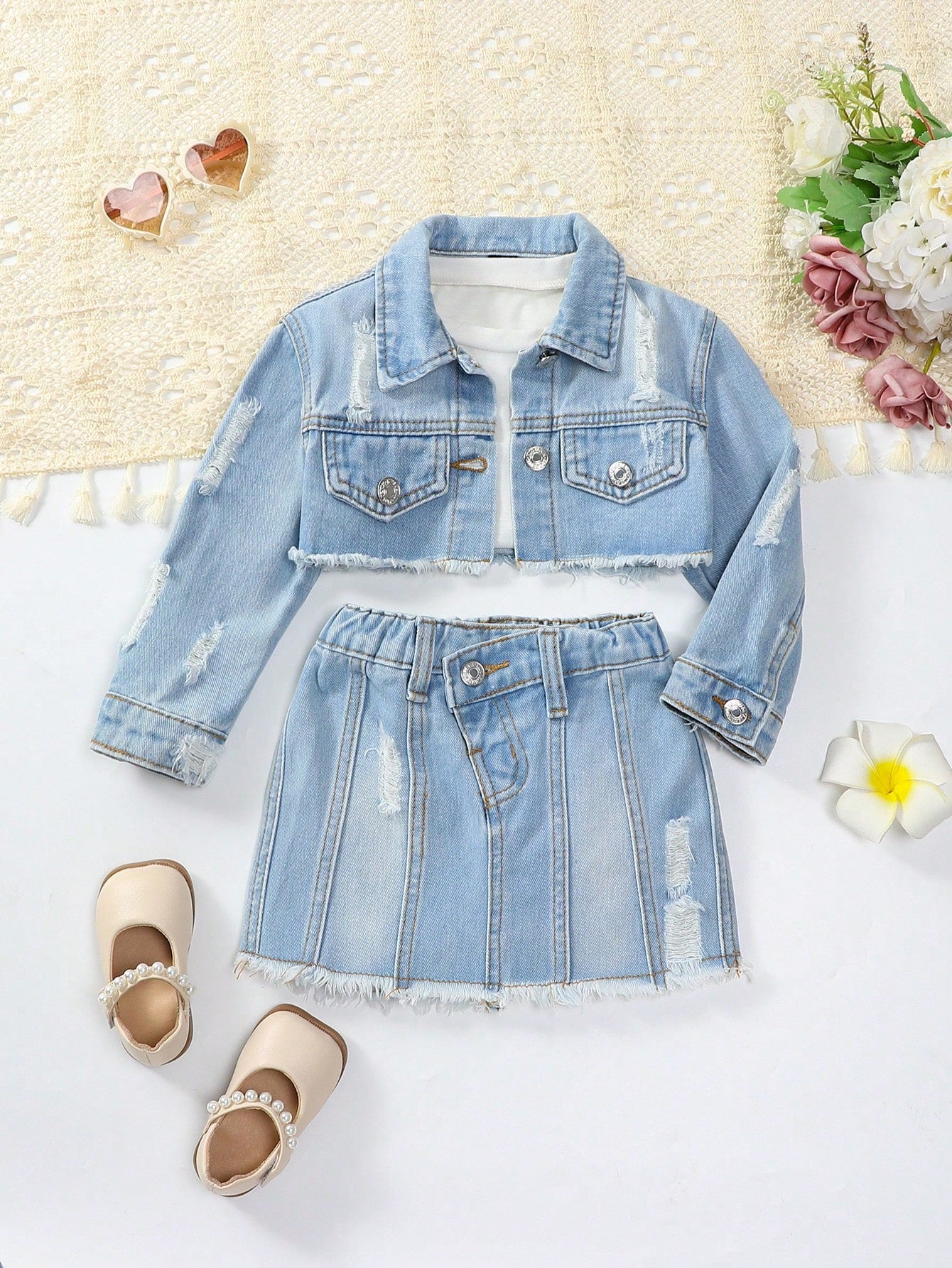 Young Girl Vintage Y2K Casual Mid-Blue Washed Crop Denim Jacket & Asymmetric Waistband Raw Hem Denim Skirt Set