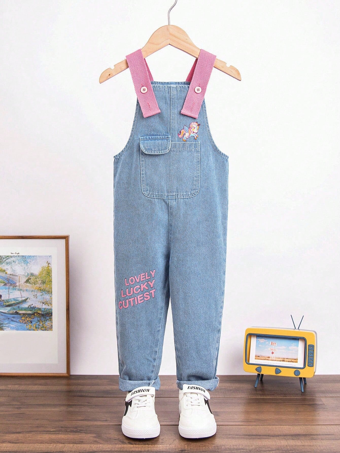 Young Girl Unicorn & Letter Graphic Denim Overalls