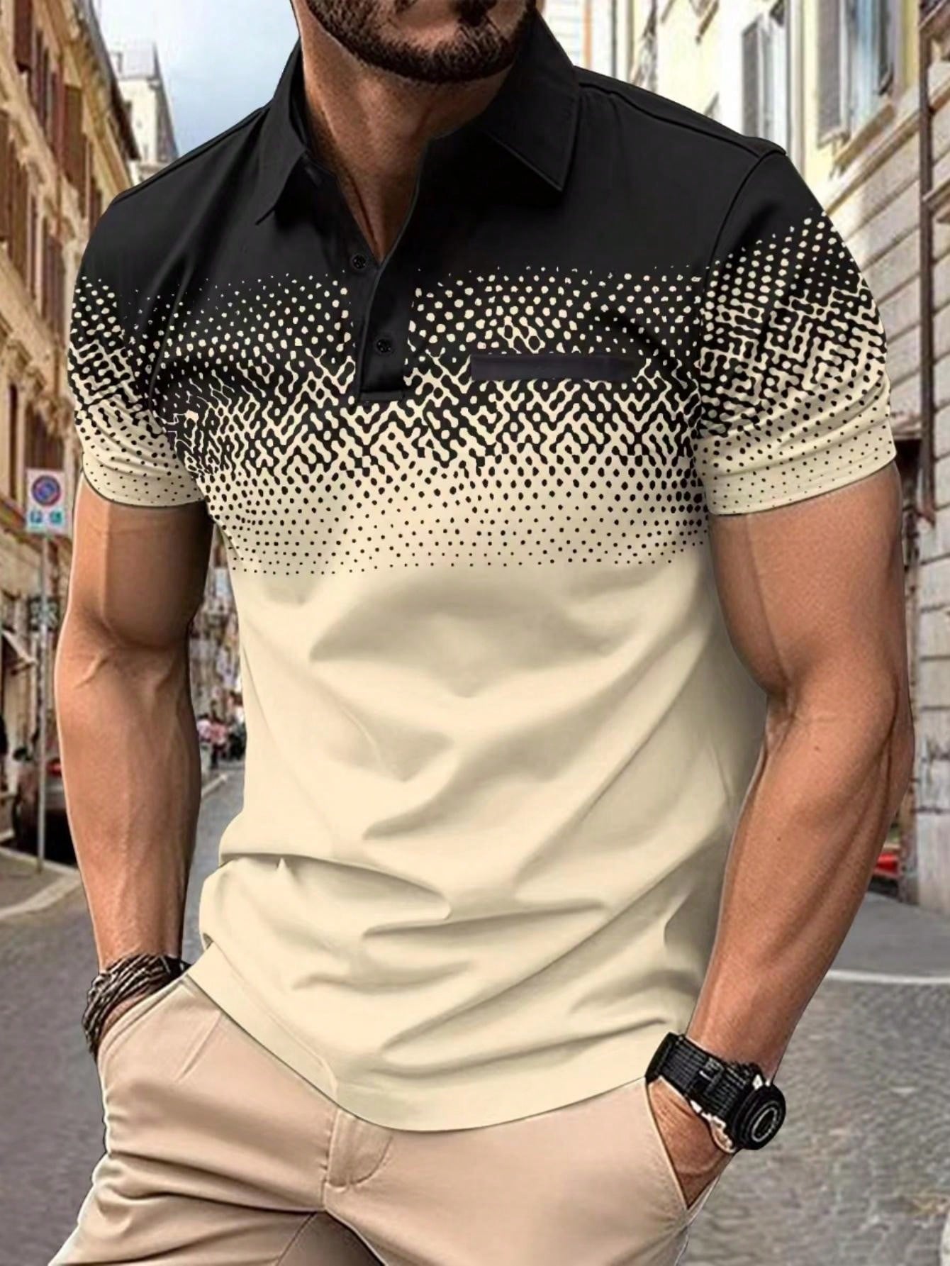 Digital Printed Gradient Men's Polo Shirt With Short Sleeve, Chest Pocket Design, Leisure Wear For Summer