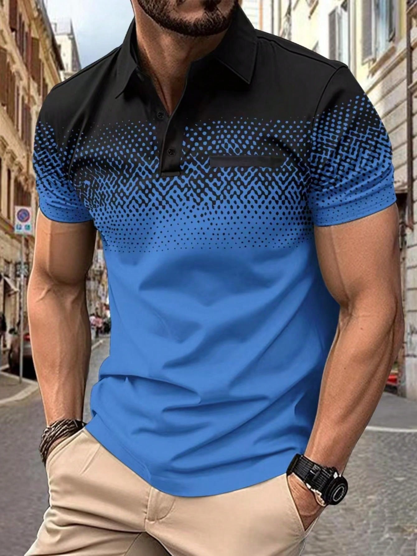 Digital Printed Gradient Men's Polo Shirt With Short Sleeve, Chest Pocket Design, Leisure Wear For Summer