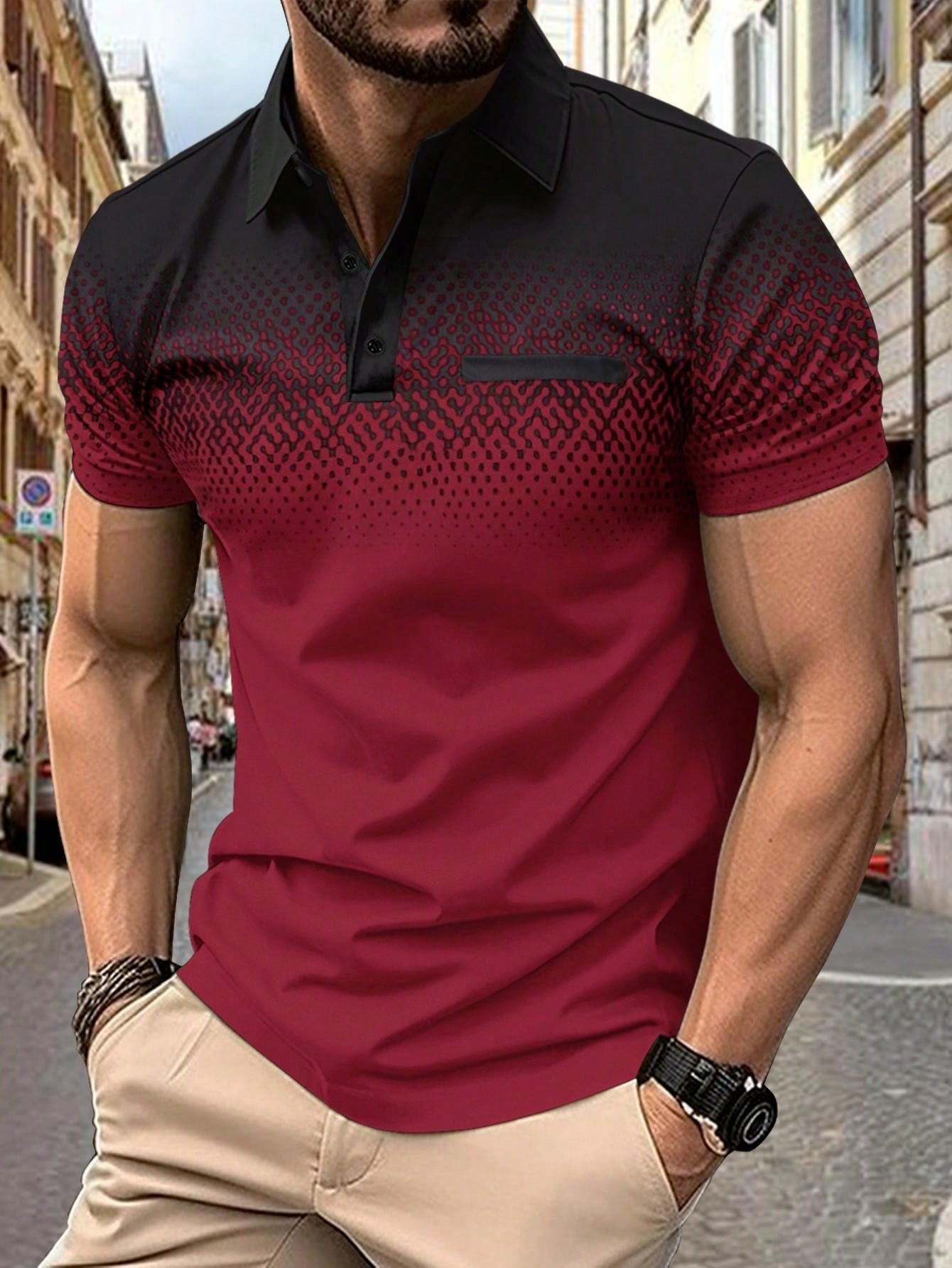 Digital Printed Gradient Men's Polo Shirt With Short Sleeve, Chest Pocket Design, Leisure Wear For Summer