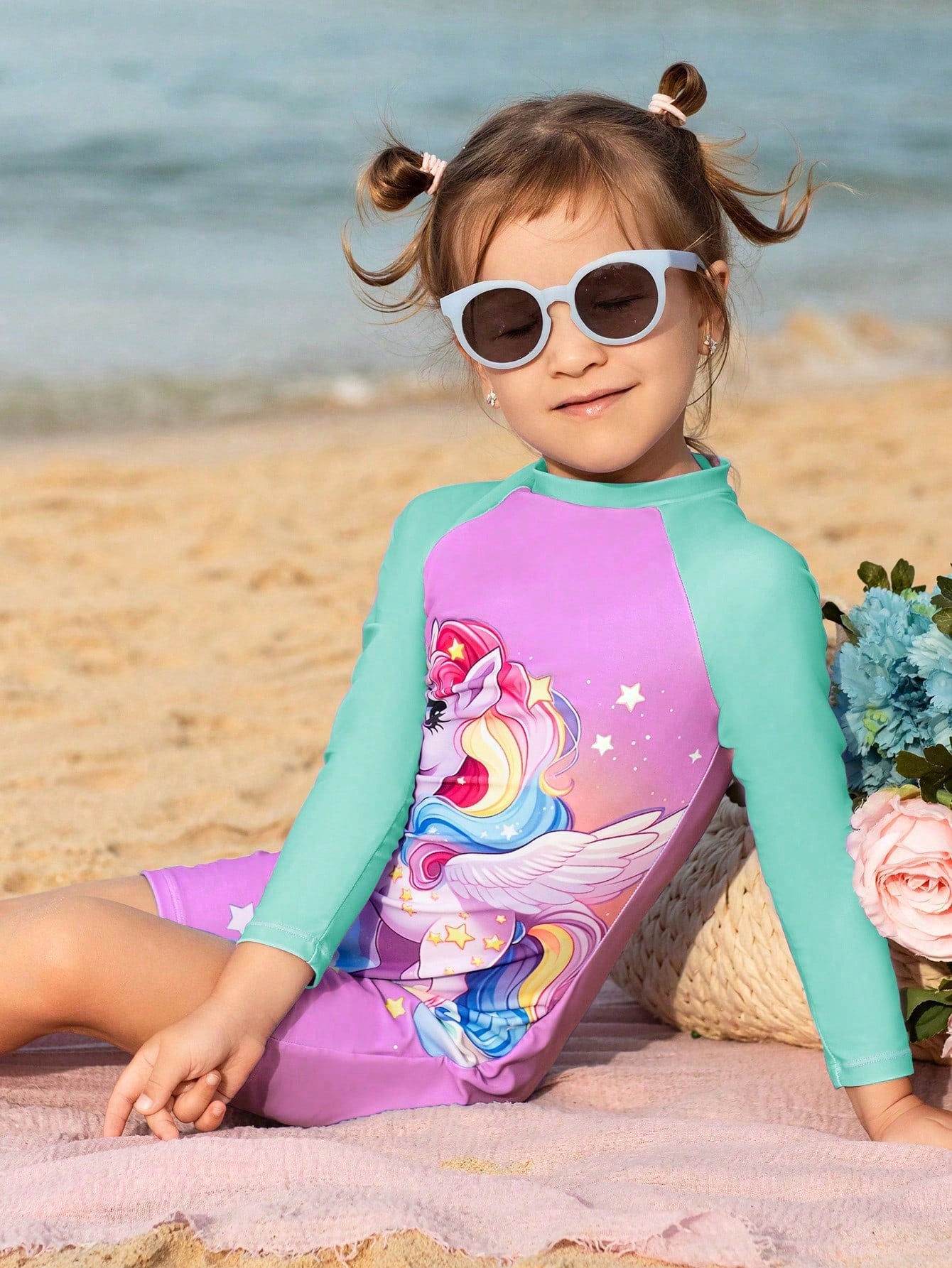 Young Girl Cartoon Unicorn Printed Long Sleeve One Piece Swimsuit