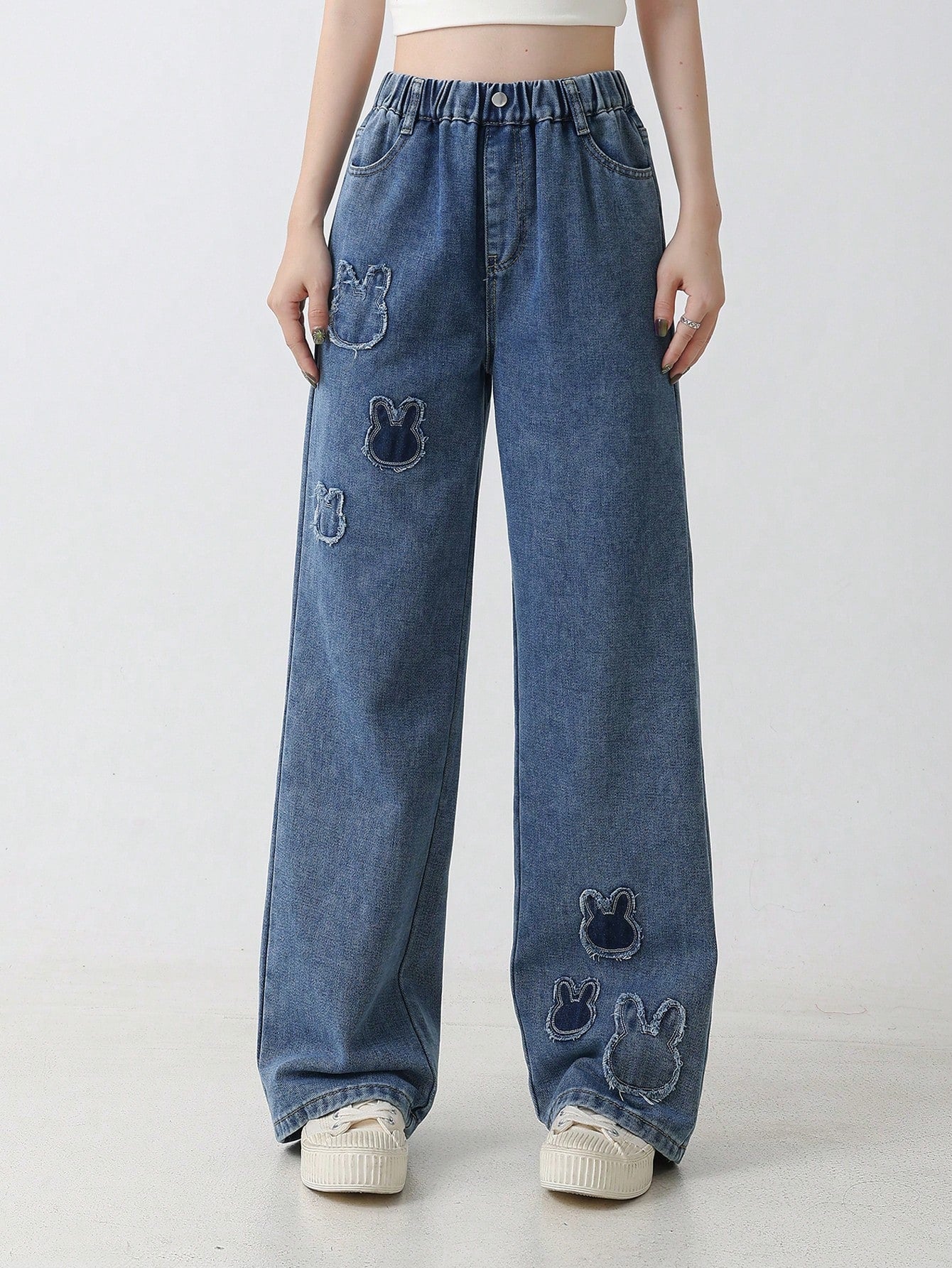 Tween Girl Rabbit Patch Casual Long Washed Wide Leg Denim Pants