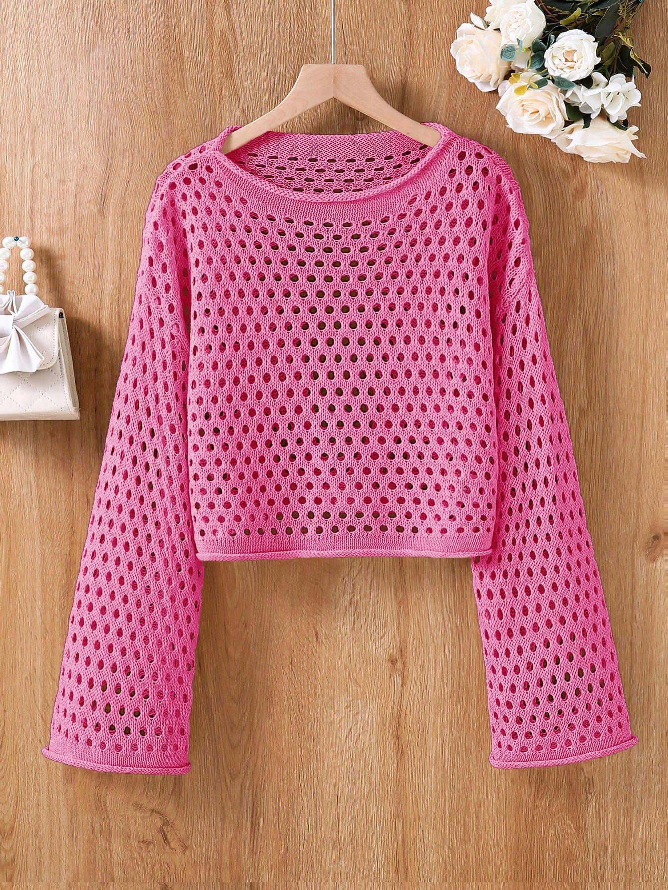 Teen Girl Solid Color Round Neck Perspective Sweater