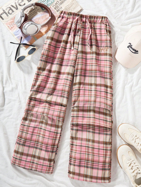 Tween Girl Plaid Printed Loose Fit Wide Leg Casual Pants With Waist Tie And Pockets