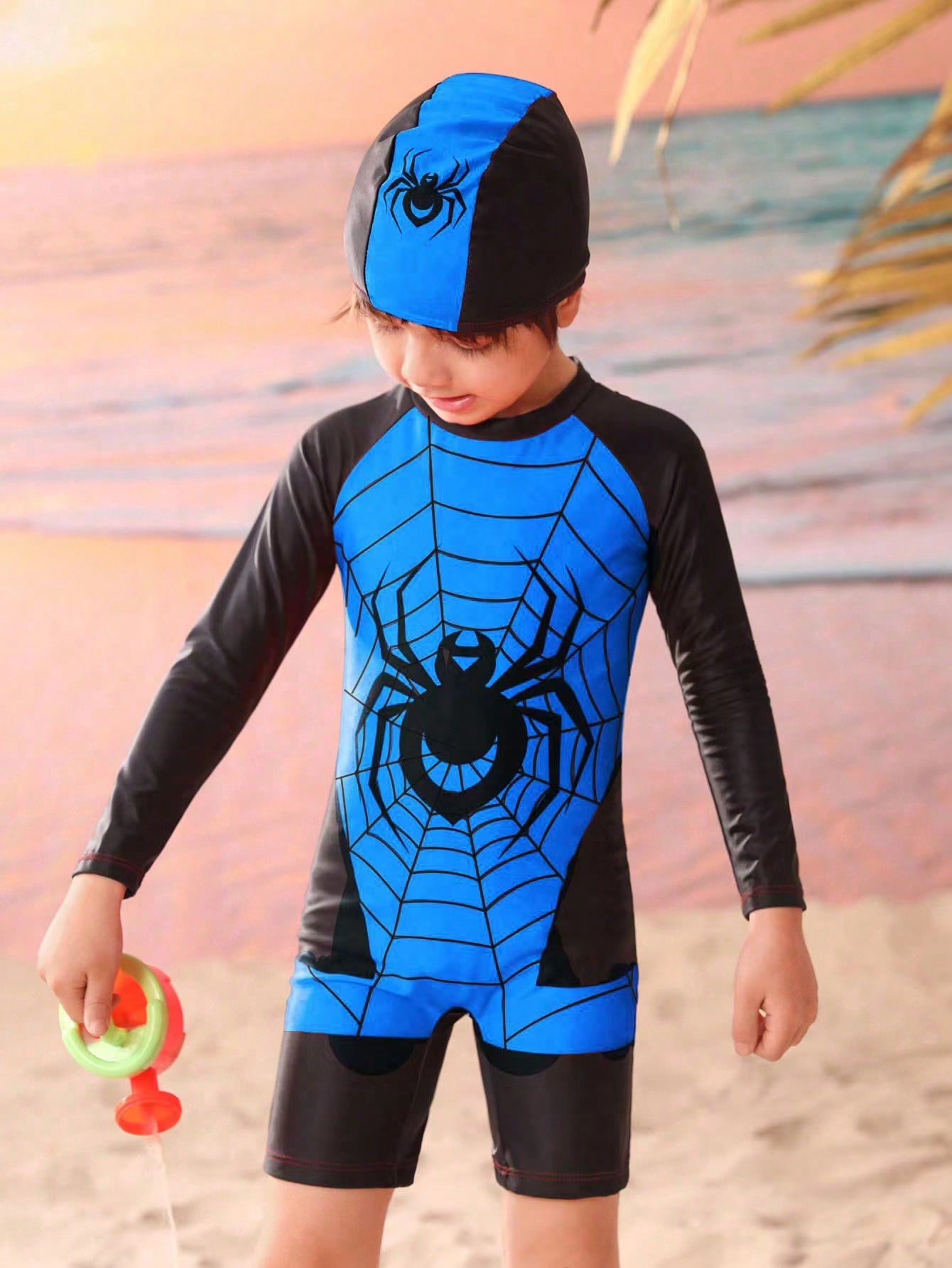 Young Boy Spider Print One-Piece Swimsuit With Free Swimming Cap, Long Sleeve Bathing Suit Beach Outfit Rash Guard Summer Vacation