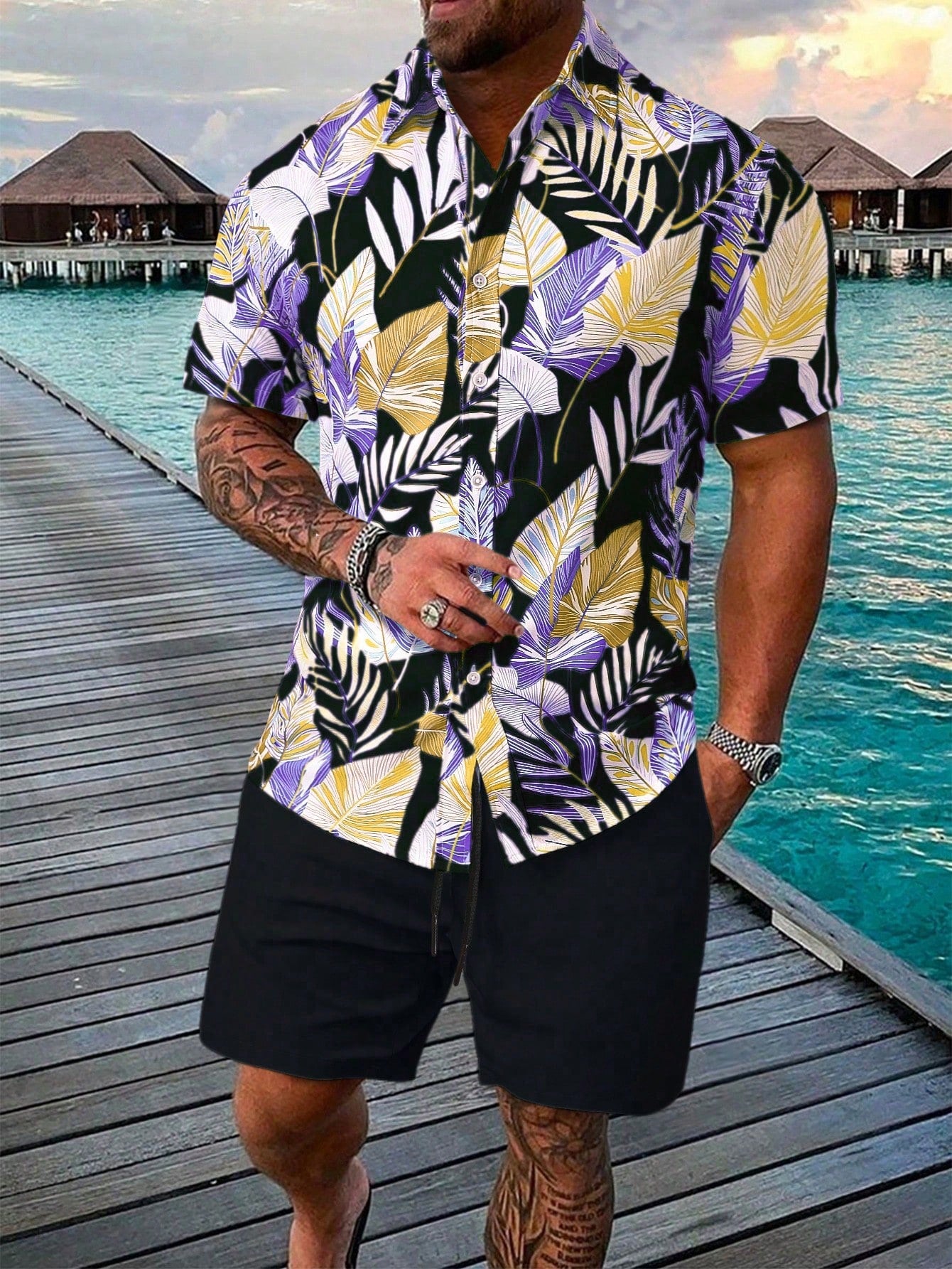 Men's Tropical Plant Print Short Sleeve Shirt And Shorts Set