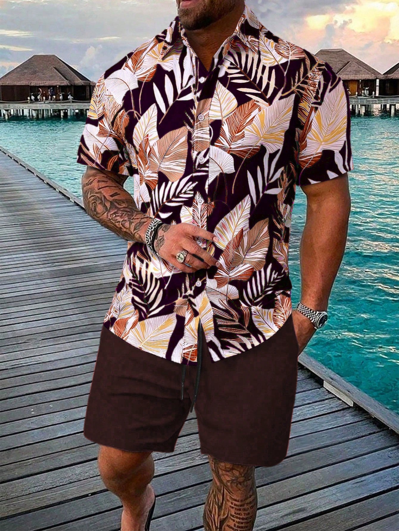 Men's Tropical Plant Print Short Sleeve Shirt And Shorts Set