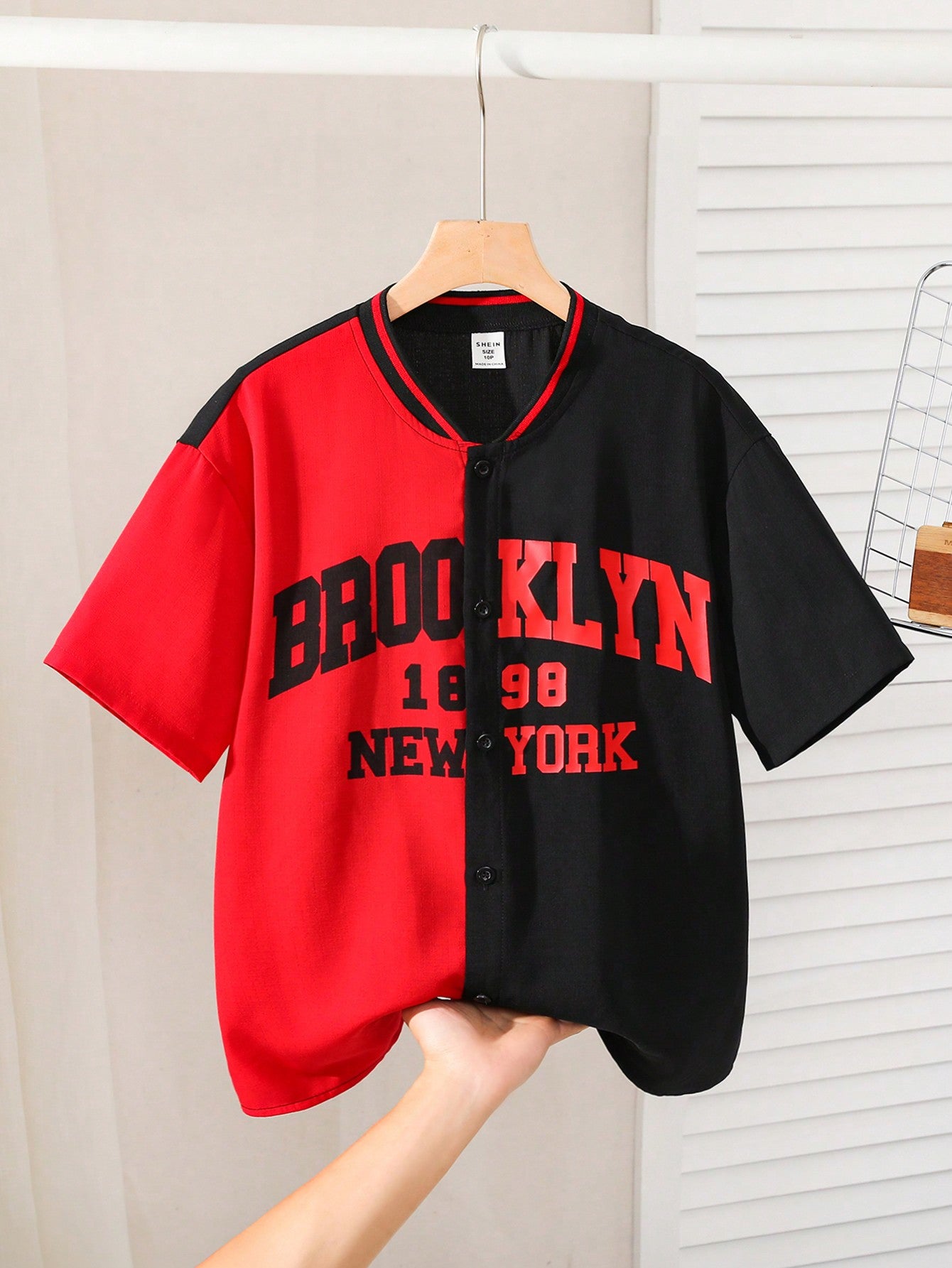 Tween Boys Extended Size Casual Short-Sleeved Color-Blocked Button-Up Woven Shirt With Letter Print